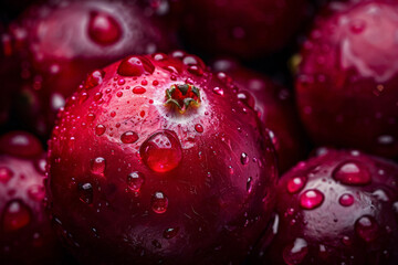 Close-up of a cranberry with droplets of water, vibrant red against a dark background 