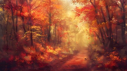 Stunning Autumn Forest Path with Vibrant Fall Foliage and Warm Golden Light Illuminating the Serene Wilderness Landscape