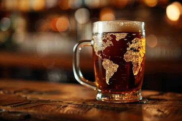Close-up of a frothy beer mug with a global map foam design, symbolizing International Beer Day, on a wooden bar 