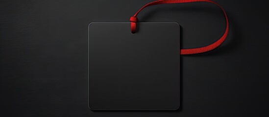 A blank badge mockup with a plain empty name tag and red string isolated on a black background Perfect for copy space images