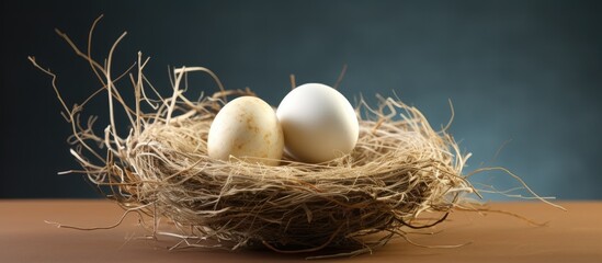 A twig nest holds two dry chicken eggs The image has copy space
