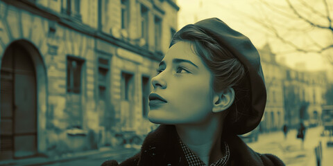 Portrait of Stylish young woman at European city street, 1940s 1950s vintage style. Retro fashion, elegant beauty.
