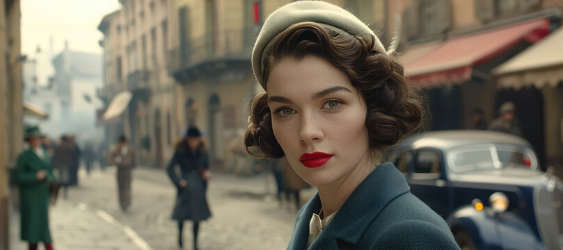 Portrait of Stylish young woman at European city street, 1940s 1950s vintage style. Retro fashion, elegant beauty.