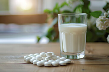 Close-up of lactose enzyme pills next to a glass of milk, health care solution for lactose intolerance 