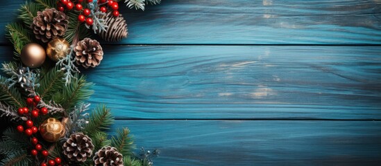 On a blue wooden table there is a festive Christmas wreath with a copy space image - Powered by Adobe