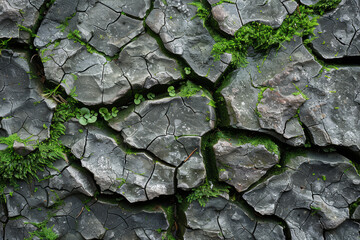 Highly detailed texture of a weathered stone highlighting deep cracks and moss growth. AI generated.