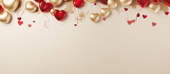 Beige Valentine s Day background featuring a text frame adorned with red heart foil balloons viewed from above Space for text is available. Copyspace image - Powered by Adobe