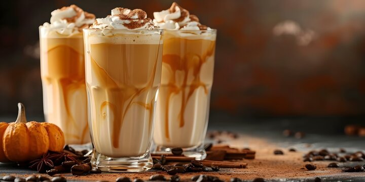 Captivating Studio Advertisement Featuring Tall Glasses of Pumpkin Spice Latte with Whipped Cream. Concept Studio Advertisement, Pumpkin Spice Latte, Whipped Cream, Captivating, Tall Glasses