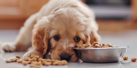 puppy dog eating dry food from his bowl - such a good boy