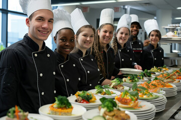 Culinary school graduation day, students in chef uniforms presenting their final dishes for evaluation 
