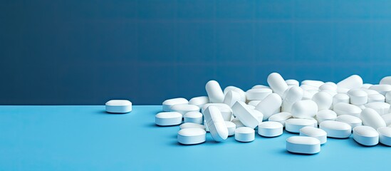 A copy space image featuring white round pills set against a blue background