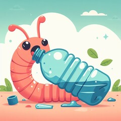 Funny worm eats plastic. Destruction of used bottles and bags