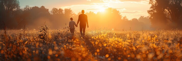 a father and son walking at sunrise in the field