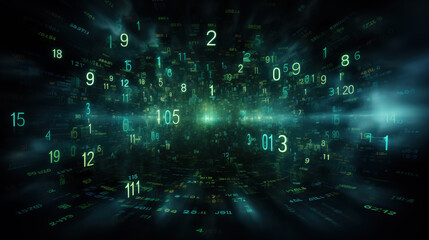Abstract background with glowing green, emerald and yellow numbers. Random digits in dark space. Cyberspace, computer programming, information coding, mathematics.