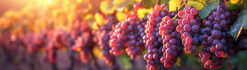 A lush vineyard with ripe, plump grapes ready to be harvested. The warm sunlight bathes the vines, promising a bountiful harvest. The air is filled with the sweet scent of grapes.