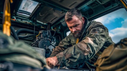 Fototapeta premium Man working inside the engine compartment of a van outdoors