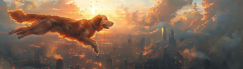 A golden retriever soars through a post-apocalyptic cityscape
