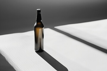 Elegant beer bottle casting a long shadow on a smooth, light surface, minimalist aesthetic 