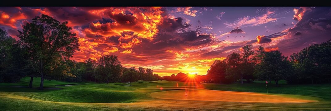 golf course, colorful sunset