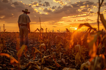 Farmer inspecting a field of withered crops after a day of intense heat, sunset in the background 