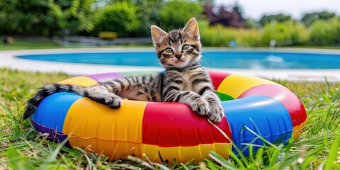 Cat lounging in the pool on a colorful inflatable floatie