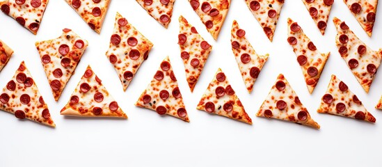 A top view of real pizza slices arranged in a pattern against a white background offering copy space The image is isolated and can be used as a wallpaper or background