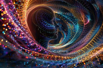 A swirling vortex of colorful data points, forming the silhouette of a human figure at its center, symbolizing the increasing influence of AI on humanity