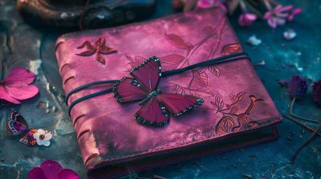 Handmade pink color  leather notebook, planner for business or education with cute decoration - butterfly