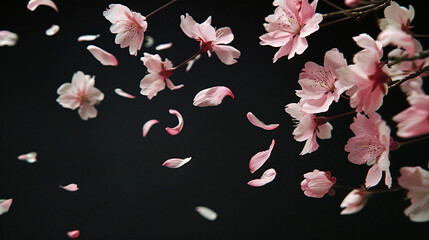 Delicate pink cherry blossom petals flutter against a dark background, evoking a sense of ethereal beauty and the fleeting nature of life.