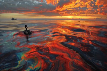 A vast expanse of ocean at dawn, with a vibrant orange and red oil slick spreading across the surface.