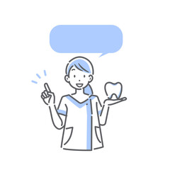 笑顔で歯の説明をする歯科衛生士　シンプルでお洒落な線画イラスト