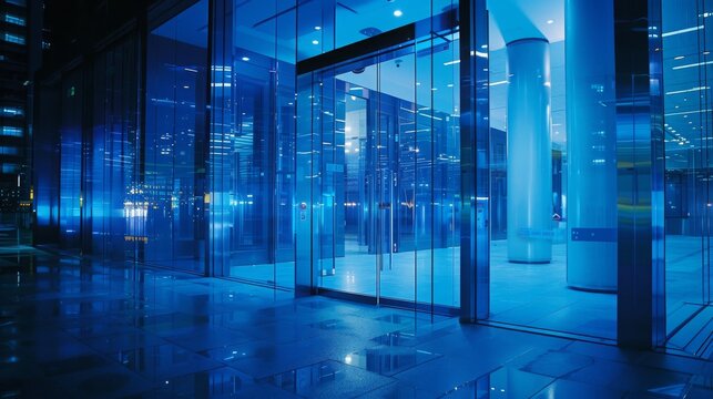 futuristic office building at night, blue toned image, Canon EOS 1Ds Mark III, RAW 16 bit, Adobe RGB