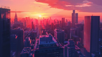 Fototapeta premium A city skyline with a sunset in the background