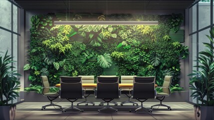 A large green wall with a plant mural and a table with chairs in front of it