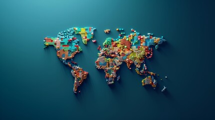 A colorful mosaic of the world is displayed on a blue background
