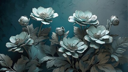 delicately textured teal painted flowers over a somber backdrop. AIG15 on Generative AI.