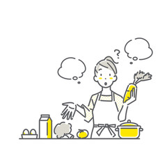 食材に疑問を持つ若い女性　シンプルでお洒落な線画イラスト