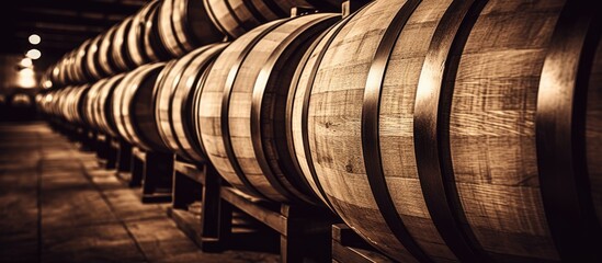 Vintage style wine barrels in the cellar of a winery captured in a closeup front view sepia toned...