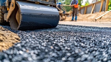 Fototapeta premium Process of asphalting, blacktopping and paving, asphalt paver machine and steam roller compactor during construction and repairing works, workers on the construction site, rental vehicle working 