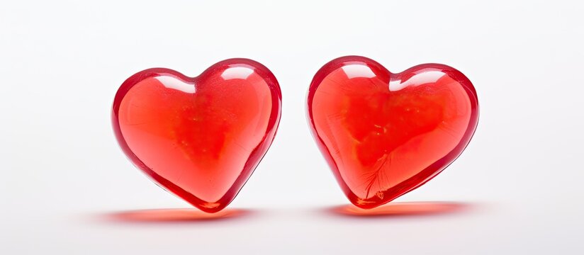 Copy space image of two red jelly candy hearts on a white background captured using the chasing the light process