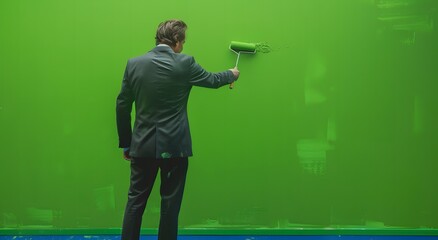 A man in a suit paints the wall green with a roller