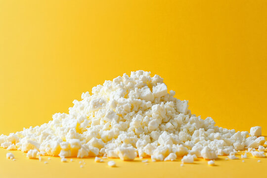 Pile of crumbled feta cheese on a bright yellow to white gradient background, sunny and Mediterranean feel 