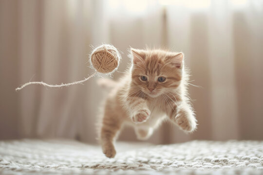Playful kitten jumping with a ball of yarn, mid-action shot, celebrating International Cat Day 