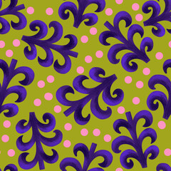 Seamless pattern in retro style with purple abstract flowers and swirls on a green background.