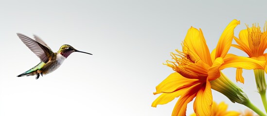 A female ruby throated hummingbird is approaching a bright yellow flower set against a white background creating a perfect copy space image