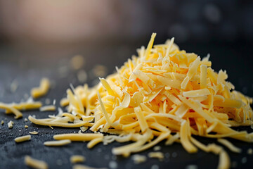 Shredded cheddar cheese on a smooth burgundy to black gradient background, rich and deep colors enhancing the visual 