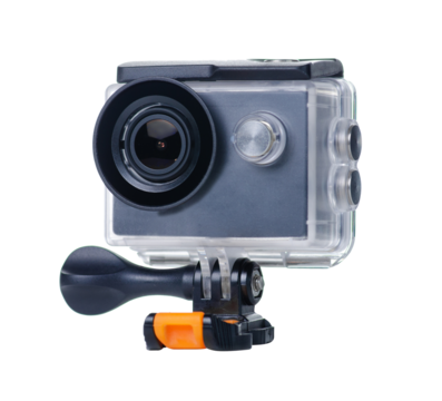 Waterproof case for action camera on white background isolation
