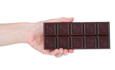 Chocolate bar in hand on white background isolation