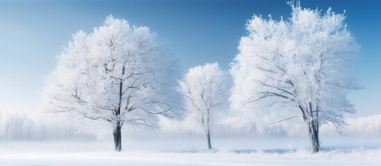 A serene winter scenery featuring trees covered in frost providing ample copy space for a captivating image