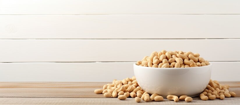 The white wooden background showcases a bowl of peanuts in a visually appealing copy space image